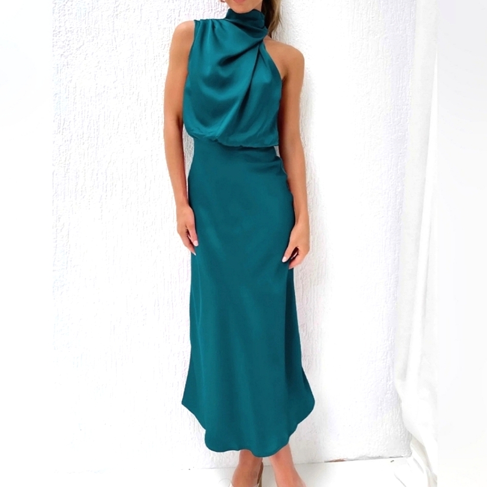 NEW Chic Draped Wrap Halter Neck Satin Midi Dress Teal Blue - Picture 2 of 9
